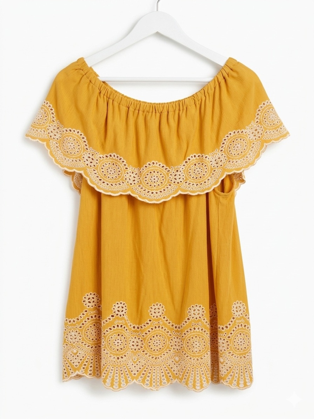 Fever Boho Mustard Yellow Off-the-Shoulder Eyelet Lace Ruffle Top